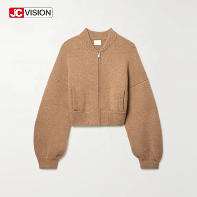 JCVISION Autumn Winter Brown V-Neck LongSleeve Zipper Women