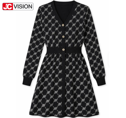 JCVISION Autumn and Winter Women's V-neck Knitted Dress Commuter Style